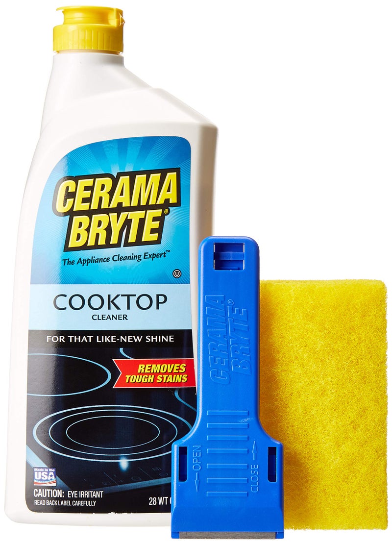 Cerama Bryte Ceramic Cooktop Cleaner (28 oz), Scraper and 5 Cleaning Pads Combo Kit - Image 1